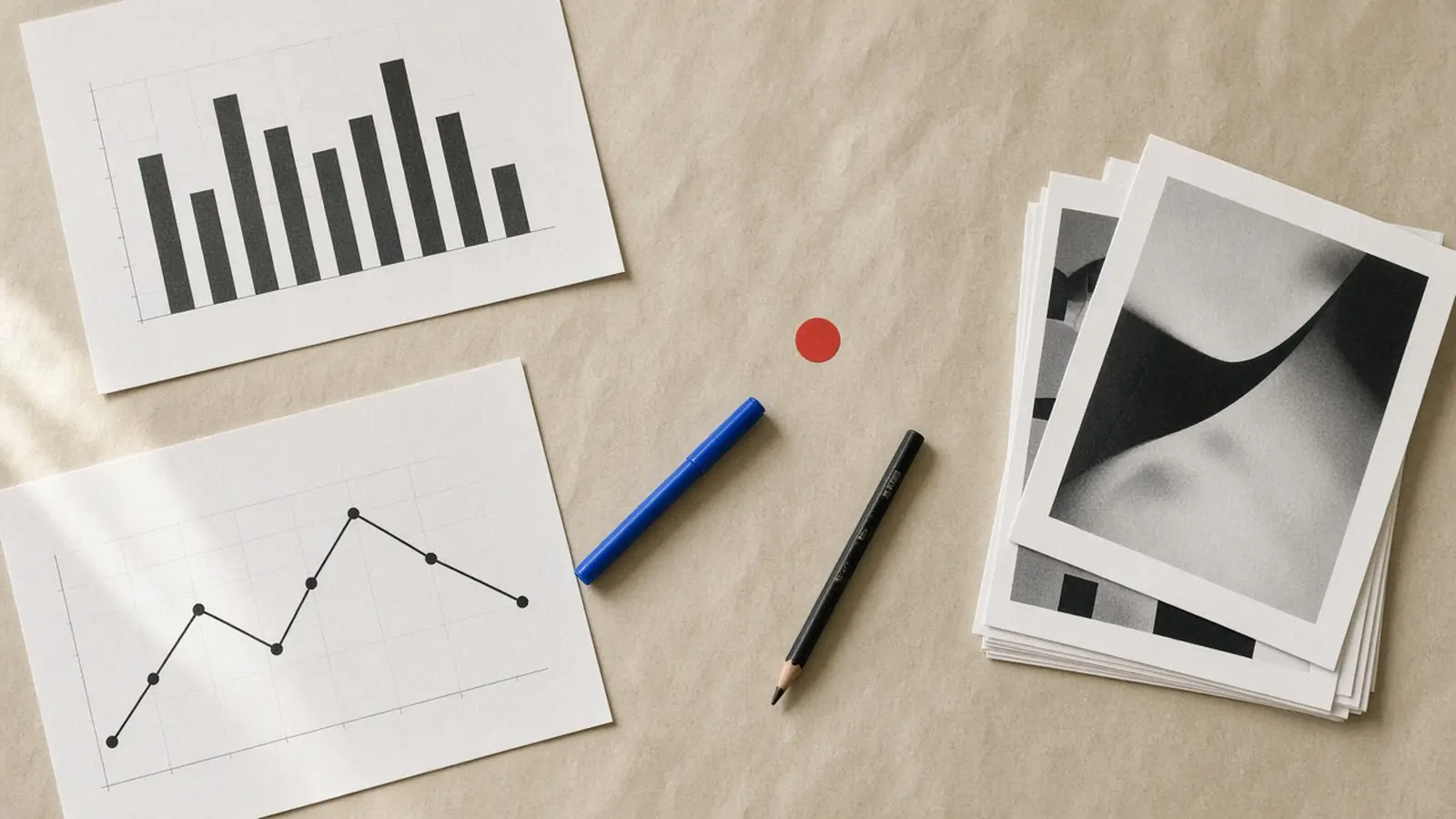 Overhead studio desk with unlabeled charts and prints. Editorial still of how Ocean Point works — not a client case study.